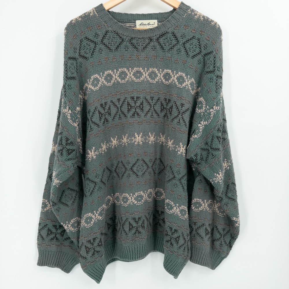 Vintage Eddie Bauer Knit Sweater Mens Large 90s Oversized Fair Isle Grandpa Gray - Picture 1 of 10